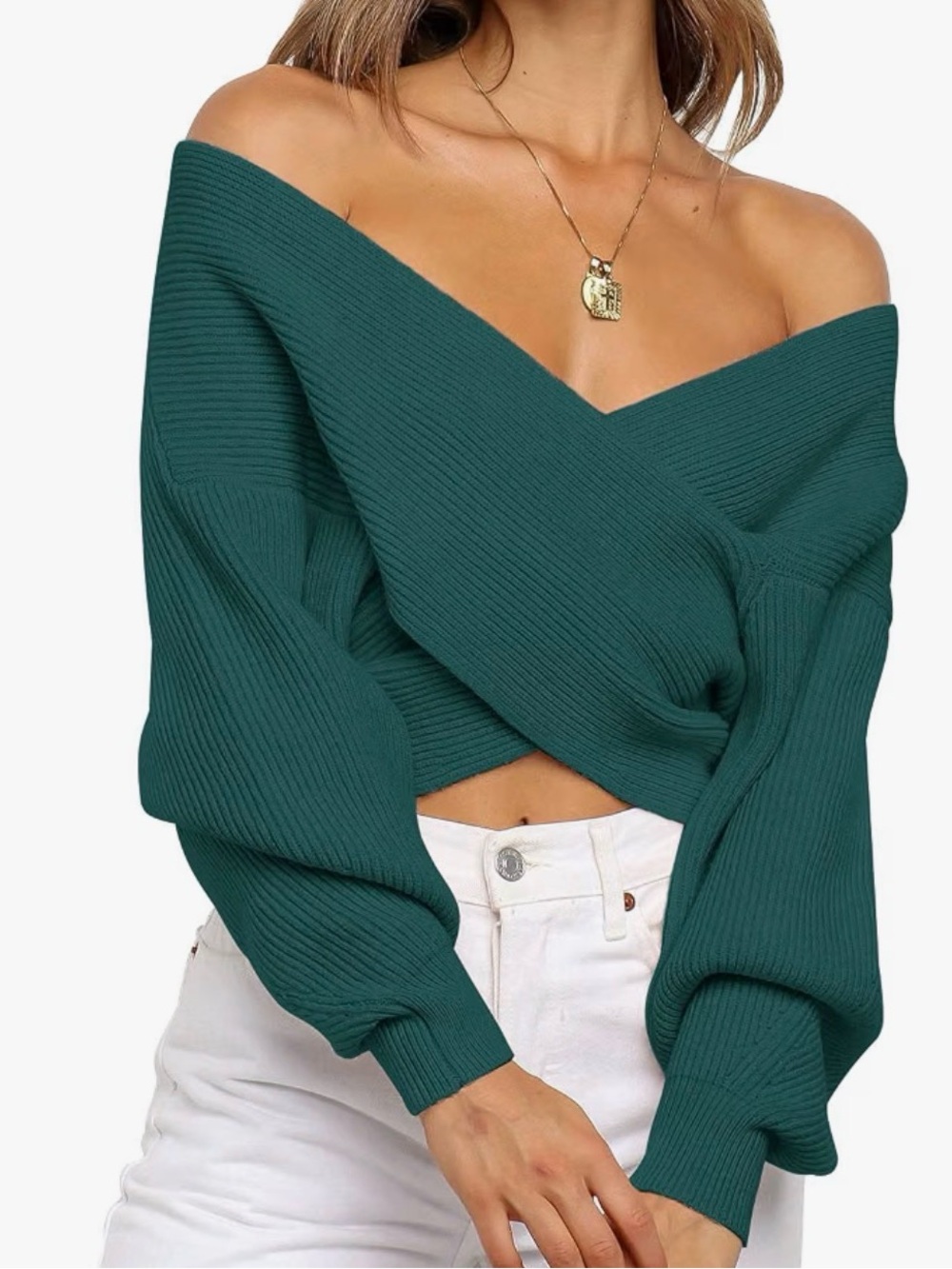 Off-Shoulder Teal Ribbed Wrap Sweater